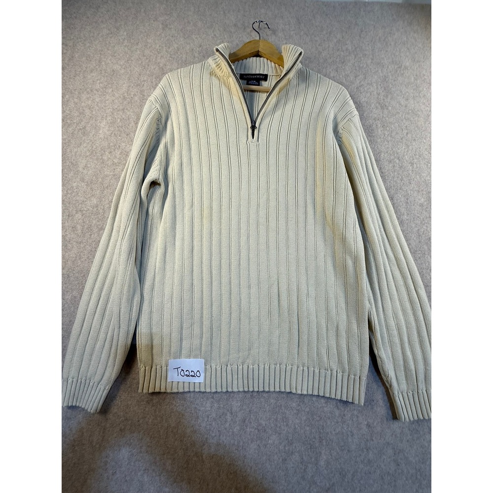 Hathaway Mens Quarter Zip Ribbed Knit Cotton Sweater Cream Off White Size Medium